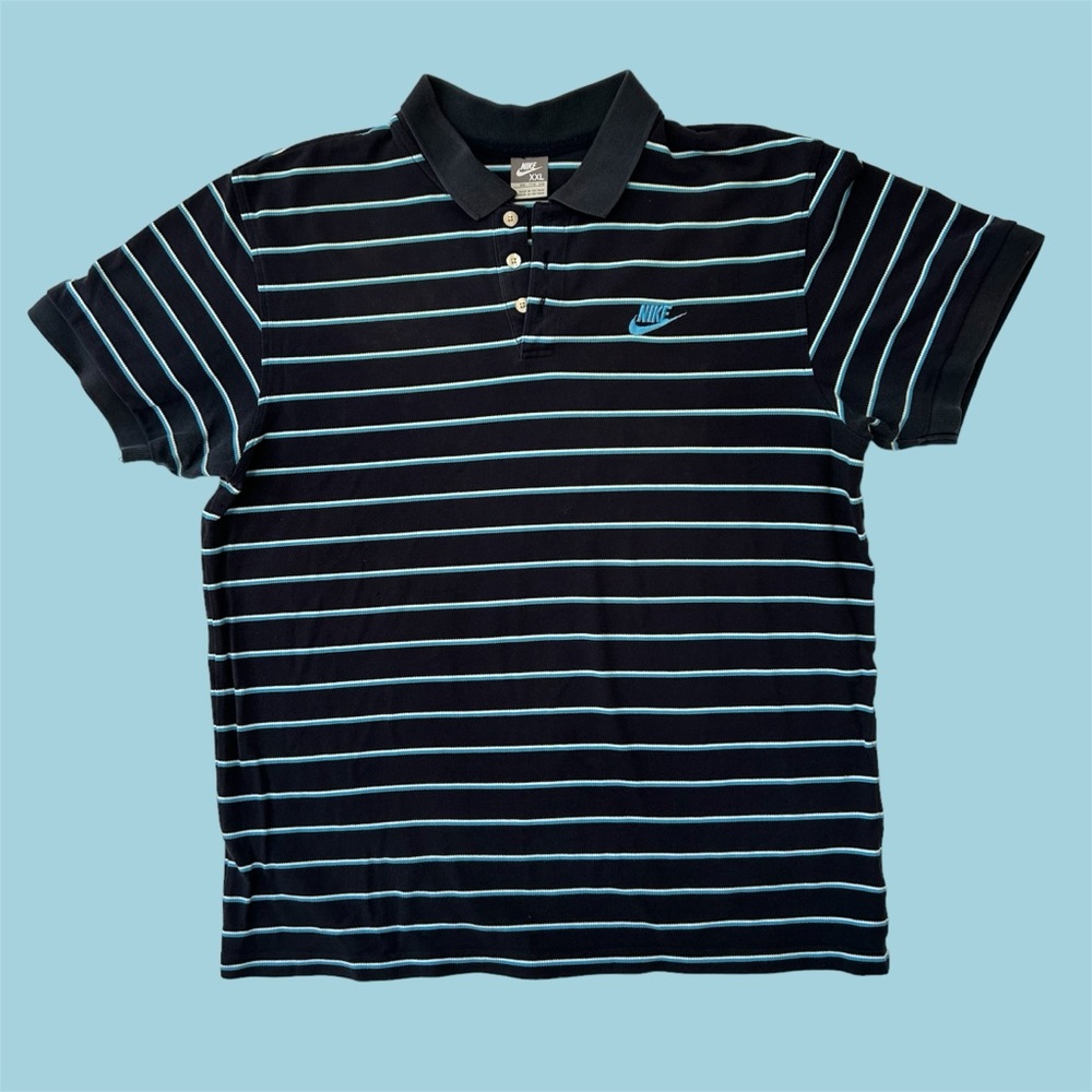 Vintage Y2K Nike Swoosh Horizontal Stripe Polo Preppy Collared Shirt Blue XXL